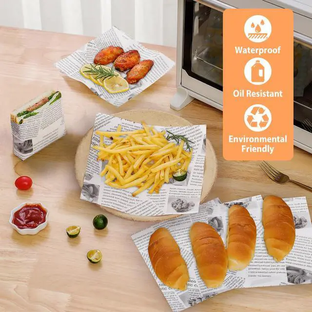 Alt view image 5 of 5 - 100 PCS Newspaper Print Deli Paper Sheets 7 * 7 Inch, Food-grade Greaseproof Paper Food Basket Liners for Sandwiches, Burgers, Fries Wrapping for Party, Festival and Outdoors - White