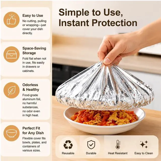 Alt view image 3 of 7 - 50 Pack Reusable Aluminum Foil Food Covers, Elastic Foil Bowl Covers for Bowls Plates Containers, Insulated Food Lids for Leftovers, Meal Prep, Parties, Picnic and Kitchen Storage (50)