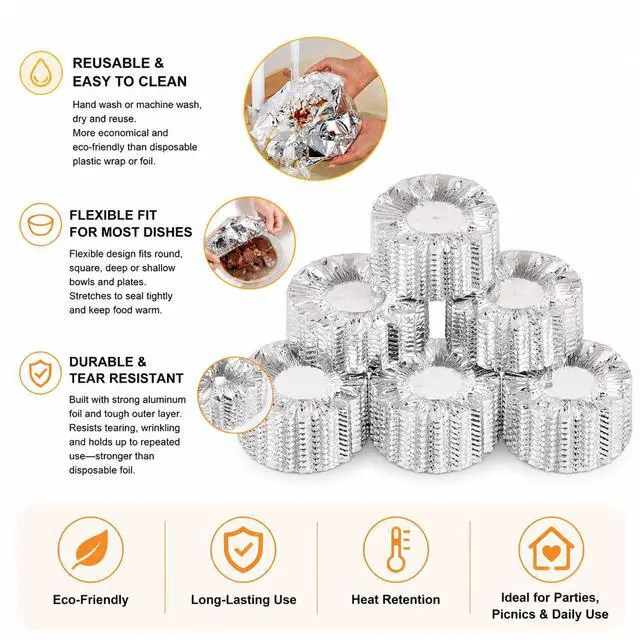 Alt view image 4 of 7 - 50 Pack Reusable Aluminum Foil Food Covers, Elastic Foil Bowl Covers for Bowls Plates Containers, Insulated Food Lids for Leftovers, Meal Prep, Parties, Picnic and Kitchen Storage (50)