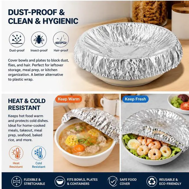 Alt view image 6 of 7 - 50 Pack Reusable Aluminum Foil Food Covers, Elastic Foil Bowl Covers for Bowls Plates Containers, Insulated Food Lids for Leftovers, Meal Prep, Parties, Picnic and Kitchen Storage (50)