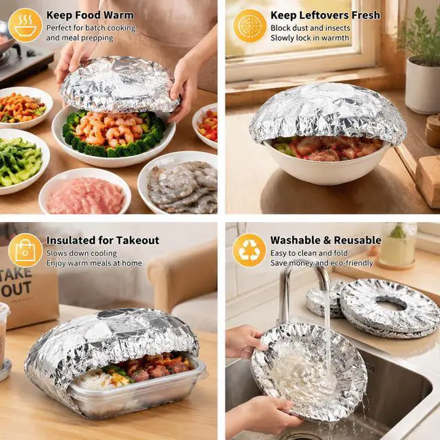 Alt view image 7 of 7 - 50 Pack Reusable Aluminum Foil Food Covers, Elastic Foil Bowl Covers for Bowls Plates Containers, Insulated Food Lids for Leftovers, Meal Prep, Parties, Picnic and Kitchen Storage (50)