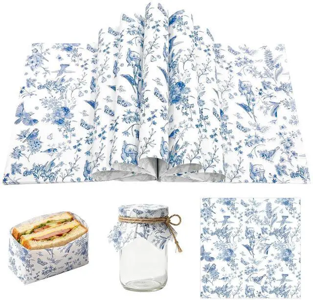 Main image of 120Pcs Blue Wax Paper 9.8x9.8" - Spring Floral Greaseproof | Food Wrapping for Picnic Wedding Candy, Baking Sandwich Burger Liners, Decorative Deli Paper, Multi-Use Kitchen Party Supply