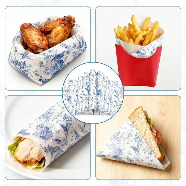 Alt view image 4 of 6 - 120Pcs Blue Wax Paper 9.8x9.8" - Spring Floral Greaseproof | Food Wrapping for Picnic Wedding Candy, Baking Sandwich Burger Liners, Decorative Deli Paper, Multi-Use Kitchen Party Supply
