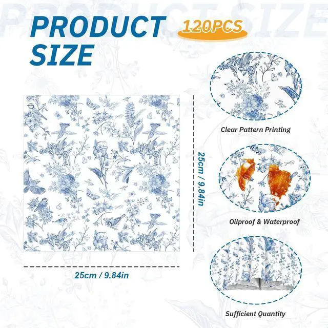 Alt view image 2 of 6 - 120Pcs Blue Wax Paper 9.8x9.8" - Spring Floral Greaseproof | Food Wrapping for Picnic Wedding Candy, Baking Sandwich Burger Liners, Decorative Deli Paper, Multi-Use Kitchen Party Supply