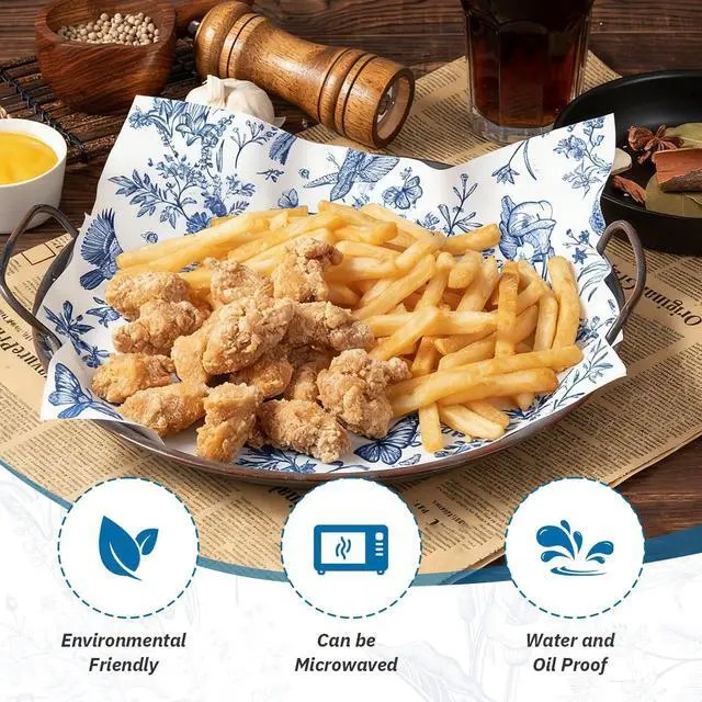 Alt view image 3 of 6 - 120Pcs Blue Wax Paper 9.8x9.8" - Spring Floral Greaseproof | Food Wrapping for Picnic Wedding Candy, Baking Sandwich Burger Liners, Decorative Deli Paper, Multi-Use Kitchen Party Supply
