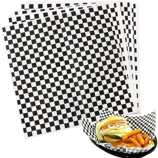 Main image of 100 Sheets Checkered Dry Waxed Deli Paper Sheets, Paper Liners for Plastic Food Basket, Wrapping Bread and Sandwiches (Black)