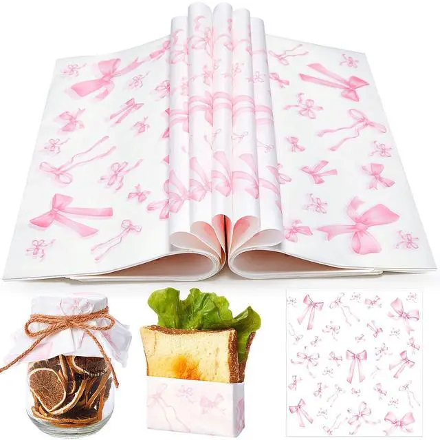Main image of 100 Sheet Pink Bow Wax Paper for Sandwich Burgers 11.4 x 11 Inches | Bow Deli Paper, Pink Parchment Paper, Coquette Ribbon Bowknot Wrapping, Greaseproof, Food Liners Birthday Picnic Party Favors
