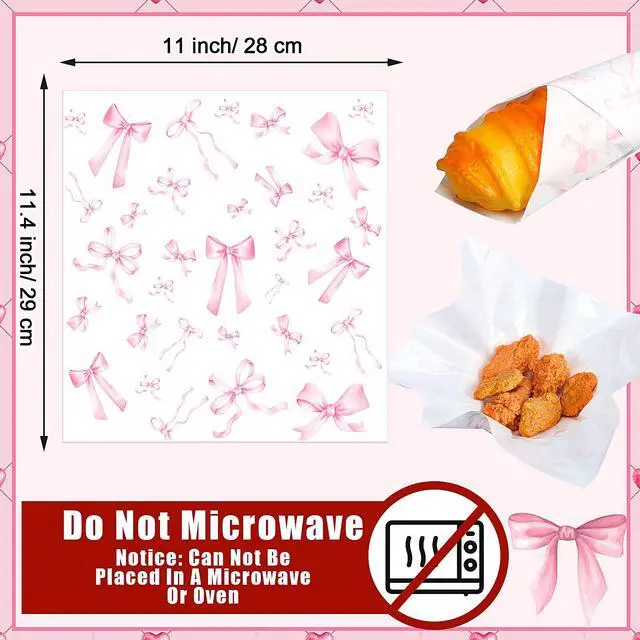 Alt view image 3 of 7 - 100 Sheet Pink Bow Wax Paper for Sandwich Burgers 11.4 x 11 Inches | Bow Deli Paper, Pink Parchment Paper, Coquette Ribbon Bowknot Wrapping, Greaseproof, Food Liners Birthday Picnic Party Favors