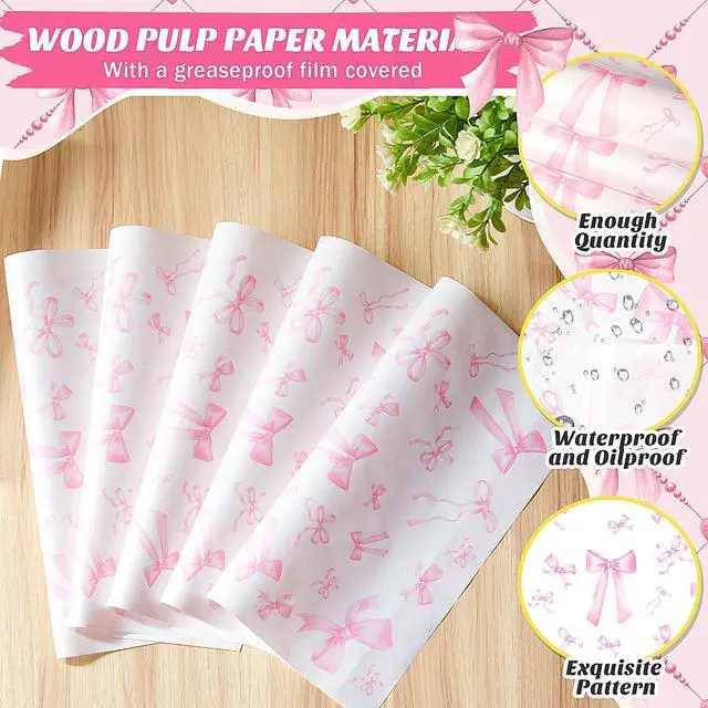 Alt view image 4 of 7 - 100 Sheet Pink Bow Wax Paper for Sandwich Burgers 11.4 x 11 Inches | Bow Deli Paper, Pink Parchment Paper, Coquette Ribbon Bowknot Wrapping, Greaseproof, Food Liners Birthday Picnic Party Favors