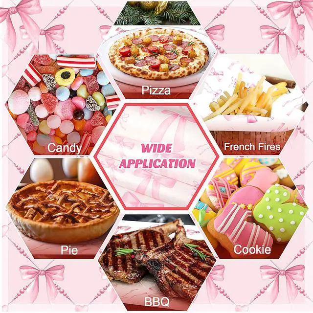 Alt view image 6 of 7 - 100 Sheet Pink Bow Wax Paper for Sandwich Burgers 11.4 x 11 Inches | Bow Deli Paper, Pink Parchment Paper, Coquette Ribbon Bowknot Wrapping, Greaseproof, Food Liners Birthday Picnic Party Favors