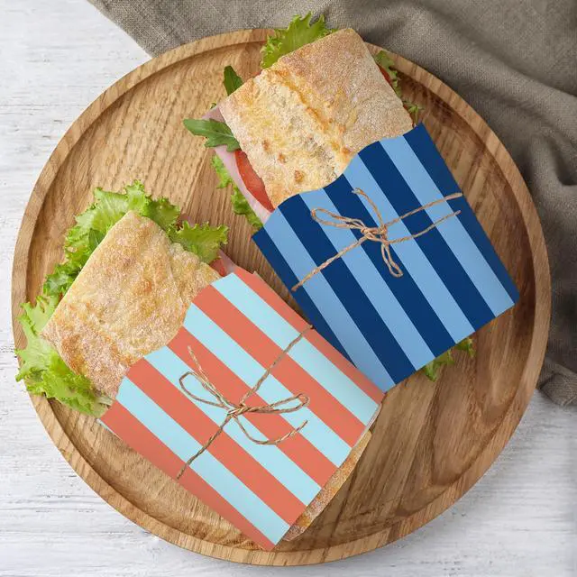 Alt view image 5 of 7 - 160 Pcs Striped Wax Paper Deli Wrap 4 Design Scalloped Waterproof Oil-Proof Basket Liners for Food Sandwich Picnic Kitchen Holiday Barbecue Birthday Party Supplies