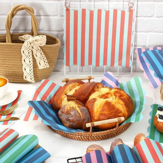 Alt view image 4 of 7 - 160 Pcs Striped Wax Paper Deli Wrap 4 Design Scalloped Waterproof Oil-Proof Basket Liners for Food Sandwich Picnic Kitchen Holiday Barbecue Birthday Party Supplies