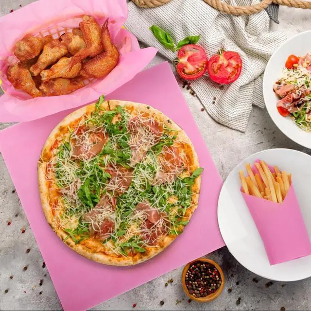 Alt view image 5 of 5 - 100 PCS Deli Paper Sheets 12 * 12 Inch, Food-grade Pure Color Greaseproof Paper Food Basket Liners for Sandwiches, Burgers, Fries Wrapping for Party, Festival and Outdoors - Pink