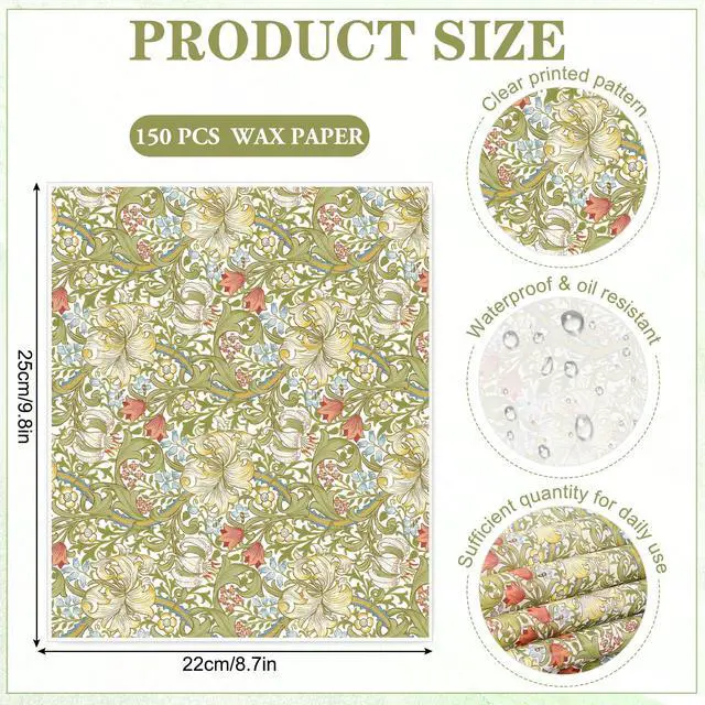 Alt view image 2 of 7 - 150 Sheets Wax Paper Basket Liner, Vintage Greenery Floral | Botanical Flower, Deli Paper, Sandwich Wrapping Tissue, for Food Baking Kitchen Party Supplies