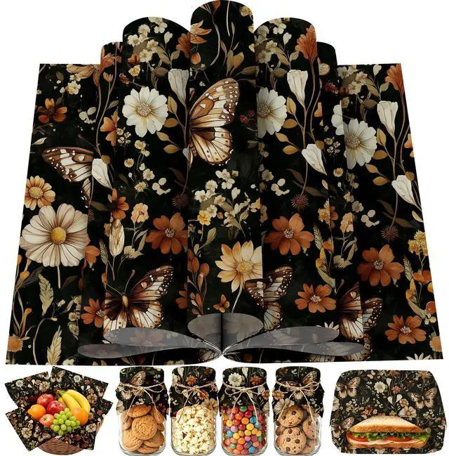 Main image of 150 Sheets Floral Butterfly Wax Paper for Food Deli, 9.8 x 8.3'' Rust Brown Dried Flowers Butterflies Greaseproof Wrapping Paper for Sandwich Picnic Basket Liner Birthday Party Supplies (A)