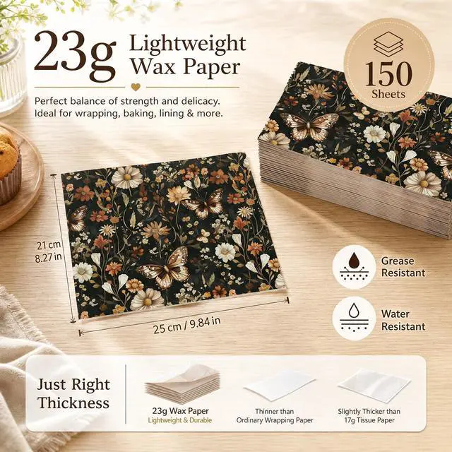 Alt view image 2 of 7 - 150 Sheets Floral Butterfly Wax Paper for Food Deli, 9.8 x 8.3'' Rust Brown Dried Flowers Butterflies Greaseproof Wrapping Paper for Sandwich Picnic Basket Liner Birthday Party Supplies (A)