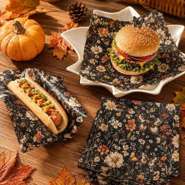 Alt view image 7 of 7 - 150 Sheets Floral Butterfly Wax Paper for Food Deli, 9.8 x 8.3'' Rust Brown Dried Flowers Butterflies Greaseproof Wrapping Paper for Sandwich Picnic Basket Liner Birthday Party Supplies (A)