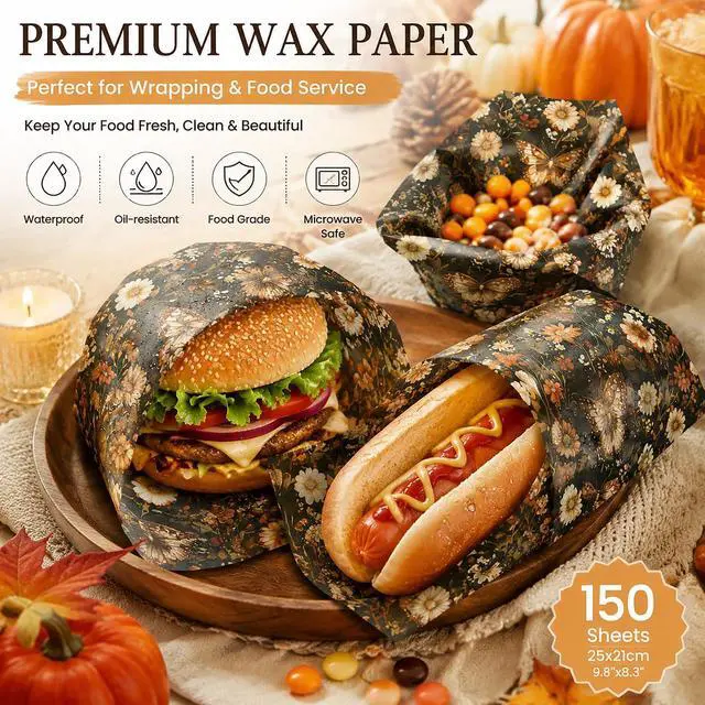 Alt view image 6 of 7 - 150 Sheets Floral Butterfly Wax Paper for Food Deli, 9.8 x 8.3'' Rust Brown Dried Flowers Butterflies Greaseproof Wrapping Paper for Sandwich Picnic Basket Liner Birthday Party Supplies (A)