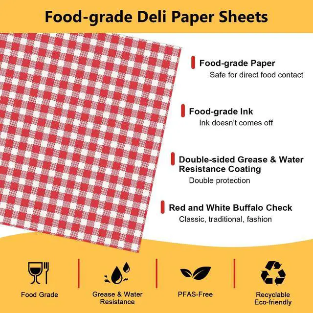 Alt view image 2 of 7 - Red and White Check Deli Paper, 12"x12", 100 Sheets | Grease & water resistant, pre-cut, vintage check, liner keeps baskets & trays clean, wraps sandwiches, burgers, burritos