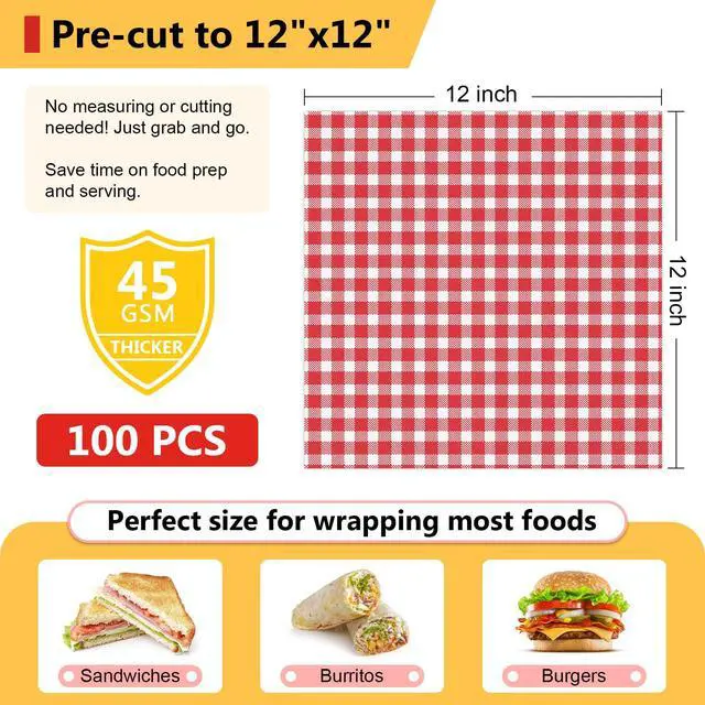 Alt view image 3 of 7 - Red and White Check Deli Paper, 12"x12", 100 Sheets | Grease & water resistant, pre-cut, vintage check, liner keeps baskets & trays clean, wraps sandwiches, burgers, burritos
