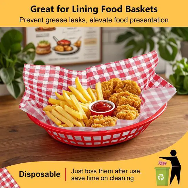 Alt view image 4 of 7 - Red and White Check Deli Paper, 12"x12", 100 Sheets | Grease & water resistant, pre-cut, vintage check, liner keeps baskets & trays clean, wraps sandwiches, burgers, burritos