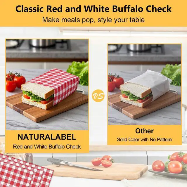Alt view image 5 of 7 - Red and White Check Deli Paper, 12"x12", 100 Sheets | Grease & water resistant, pre-cut, vintage check, liner keeps baskets & trays clean, wraps sandwiches, burgers, burritos