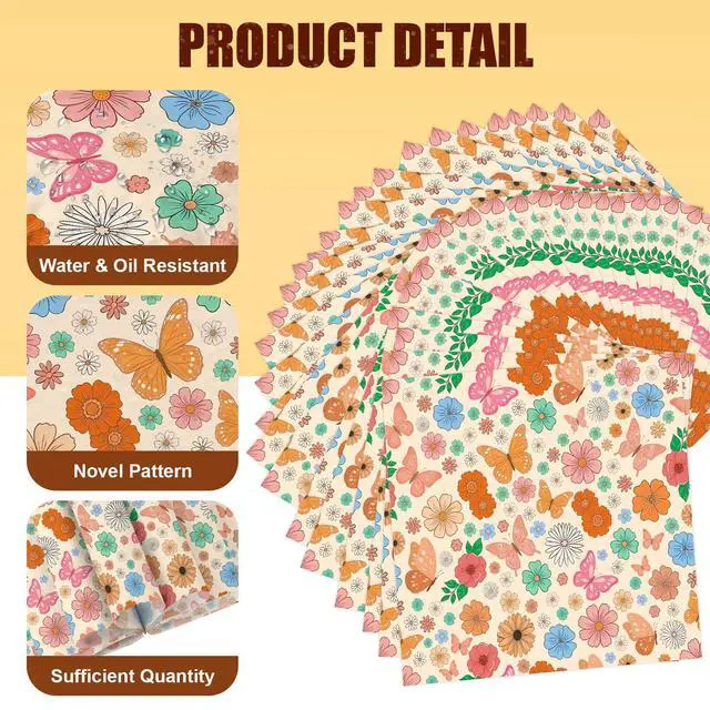 Alt view image 3 of 7 - 150 Pcs Cute Flower Butterfly Deli Paper Sheets, 8.7" x 9.5" Food Wrapping Paper for Sandwich, Burger, Cookie, Food Basket Liners for Picnic, Party, Wedding, Birthday, Bakery Supplies