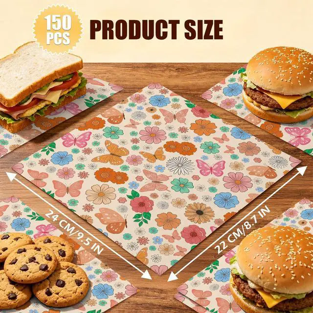 Alt view image 2 of 7 - 150 Pcs Cute Flower Butterfly Deli Paper Sheets, 8.7" x 9.5" Food Wrapping Paper for Sandwich, Burger, Cookie, Food Basket Liners for Picnic, Party, Wedding, Birthday, Bakery Supplies