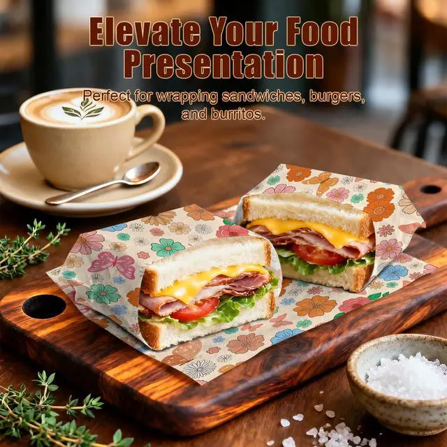 Alt view image 6 of 7 - 150 Pcs Cute Flower Butterfly Deli Paper Sheets, 8.7" x 9.5" Food Wrapping Paper for Sandwich, Burger, Cookie, Food Basket Liners for Picnic, Party, Wedding, Birthday, Bakery Supplies