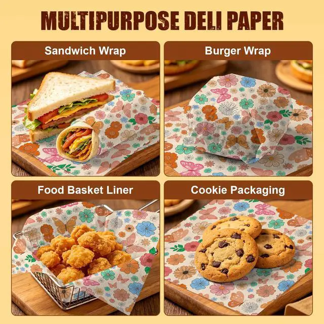 Alt view image 5 of 7 - 150 Pcs Cute Flower Butterfly Deli Paper Sheets, 8.7" x 9.5" Food Wrapping Paper for Sandwich, Burger, Cookie, Food Basket Liners for Picnic, Party, Wedding, Birthday, Bakery Supplies