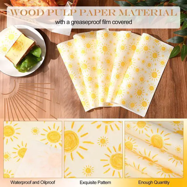 Alt view image 4 of 7 - 100 Sheet Bohemian Sun Deli Wax Paper for Food | Grease-proof Sheets Wrapping Sandwiches Hamburgers Desserts, Summer Picnic Wedding Gift Wrap, Baking Kitchen Supplies
