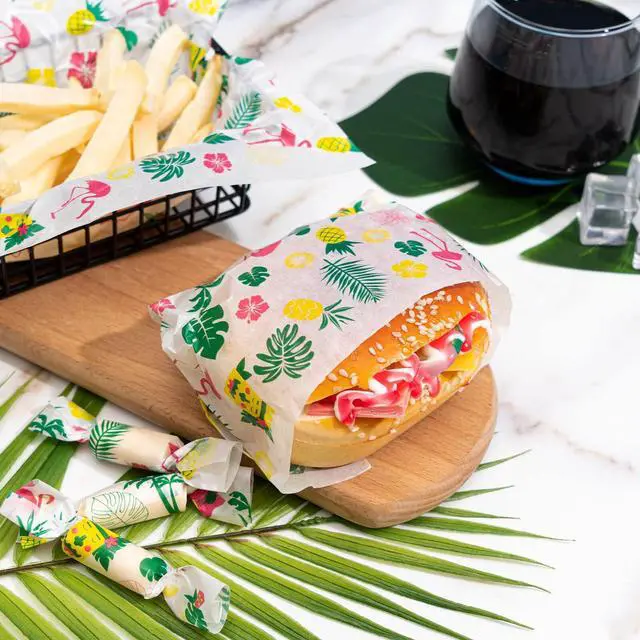 Alt view image 4 of 7 - 100 Pcs Hawaii Luau Wax Paper for Food | Deli Paper Sandwich Wrap, Candy Cookies Wraps, Waterproof Oil-proof, Picnic Basket Liners, Leaf Pattern