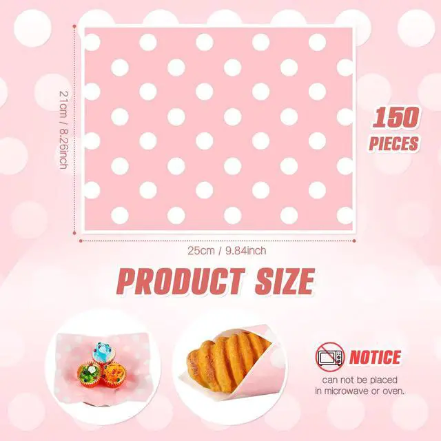 Alt view image 2 of 7 - 150pcs Wax Paper Sheet for Food Dot Printed Bakery Tissue Greaseproof Disposable Wrapping Paper for Sandwich Food Picnic Baskets Liner Wedding Birthday Party Supplies(Pink,9.84x8.27'')