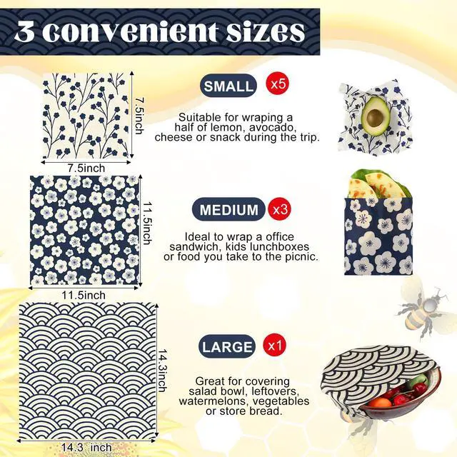 Alt view image 2 of 7 - 9 Pack Reusable Beeswax Wrap for Food Chinoiserie Beeswax Paper for Sourdough Bread Cheese Paper Wrapping Wax Cloth Food Wraps Bread Sandwich Wrapper 1 XL 3 Medium 5 S(Beige,Japanese)