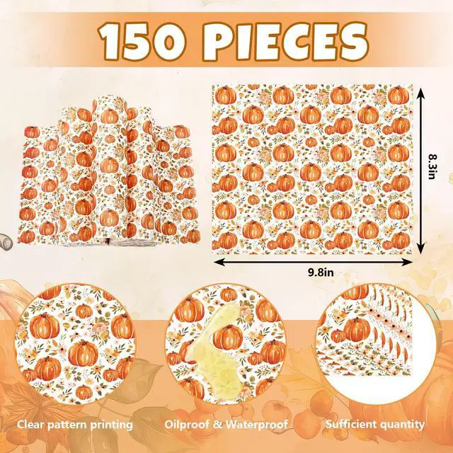 Alt view image 2 of 7 - 150 Pcs Fall Floral Pumpkin Wax Paper Orange Sandwich Wrap Paper Tissue Waterproof Oil-Proof Picnic Liners for Autumn Thanksgiving Party Kitchen Supplies, 9.8 x 8.3 In