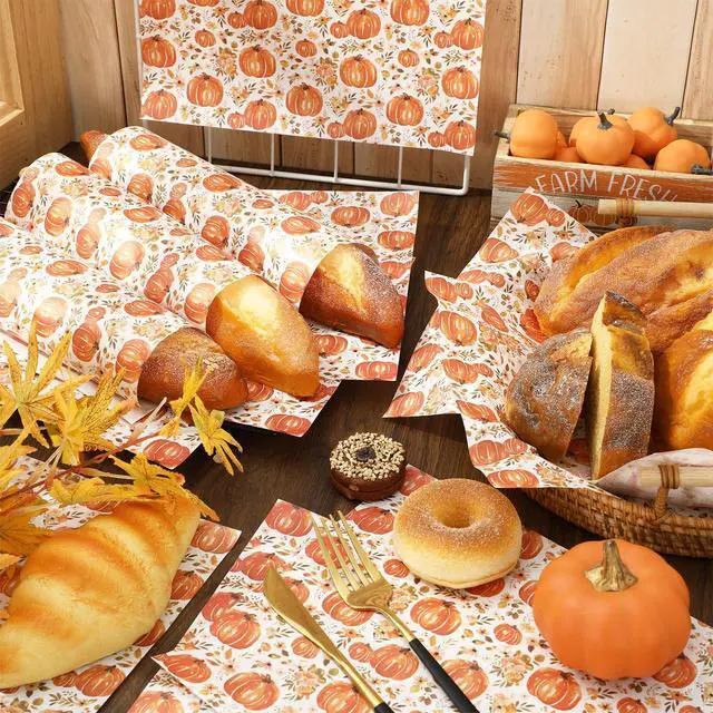 Alt view image 3 of 7 - 150 Pcs Fall Floral Pumpkin Wax Paper Orange Sandwich Wrap Paper Tissue Waterproof Oil-Proof Picnic Liners for Autumn Thanksgiving Party Kitchen Supplies, 9.8 x 8.3 In