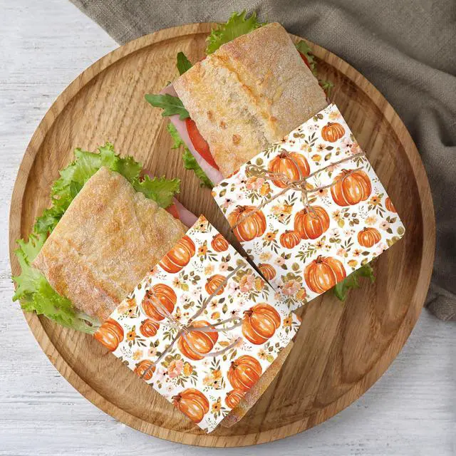 Alt view image 4 of 7 - 150 Pcs Fall Floral Pumpkin Wax Paper Orange Sandwich Wrap Paper Tissue Waterproof Oil-Proof Picnic Liners for Autumn Thanksgiving Party Kitchen Supplies, 9.8 x 8.3 In