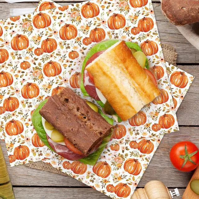 Alt view image 5 of 7 - 150 Pcs Fall Floral Pumpkin Wax Paper Orange Sandwich Wrap Paper Tissue Waterproof Oil-Proof Picnic Liners for Autumn Thanksgiving Party Kitchen Supplies, 9.8 x 8.3 In
