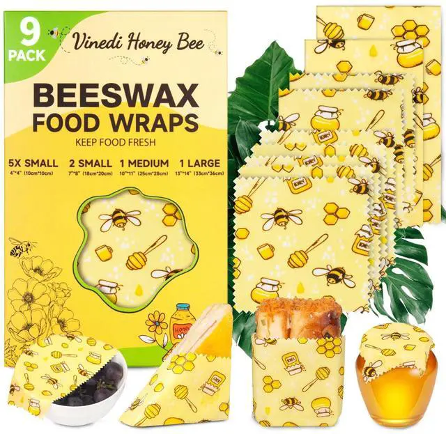 Main image of Reusable Beeswax Food Wraps, 9 Pack - Assorted Sizes (XS,S, M, L) | Organic Cotton, Eco Friendly, Plastic Free | Honeycomb Design