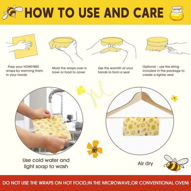 Alt view image 3 of 7 - Reusable Beeswax Food Wraps, 9 Pack - Assorted Sizes (XS,S, M, L) | Organic Cotton, Eco Friendly, Plastic Free | Honeycomb Design