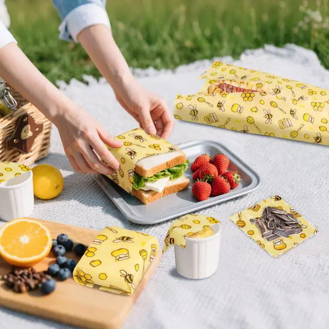 Alt view image 6 of 7 - Reusable Beeswax Food Wraps, 9 Pack - Assorted Sizes (XS,S, M, L) | Organic Cotton, Eco Friendly, Plastic Free | Honeycomb Design