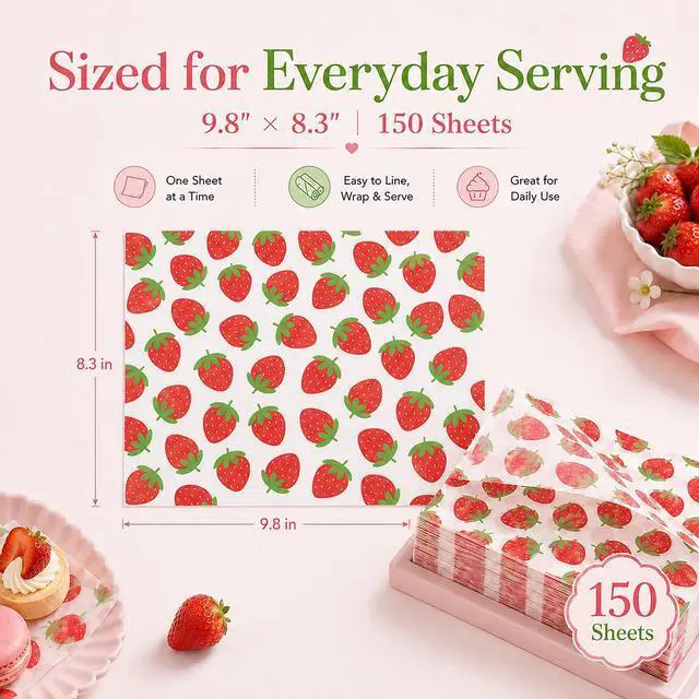 Alt view image 2 of 7 - 150 Sheets Strawberry Wax Paper for Food Deli, 9.8 x 8.3'' Preppy Strawberry Patterns Greaseproof Sandwich Wrapping Paper for Picnic Basket Liner Summer Birthday Party Supplies