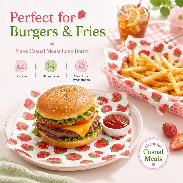 Alt view image 3 of 7 - 150 Sheets Strawberry Wax Paper for Food Deli, 9.8 x 8.3'' Preppy Strawberry Patterns Greaseproof Sandwich Wrapping Paper for Picnic Basket Liner Summer Birthday Party Supplies