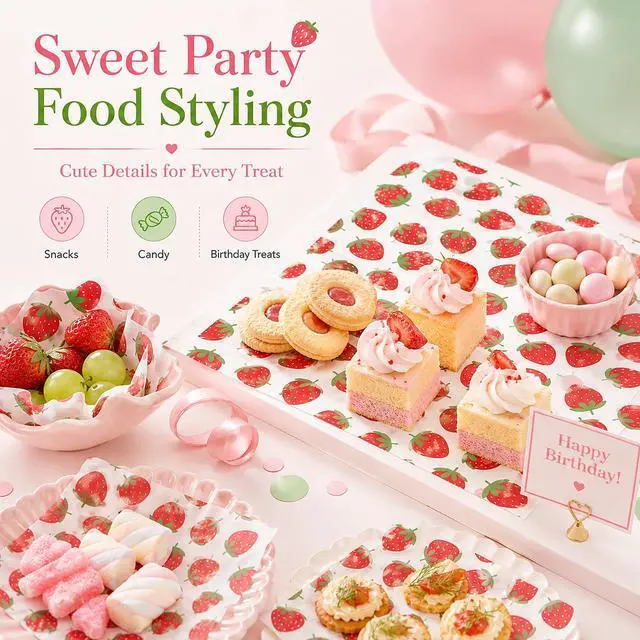 Alt view image 5 of 7 - 150 Sheets Strawberry Wax Paper for Food Deli, 9.8 x 8.3'' Preppy Strawberry Patterns Greaseproof Sandwich Wrapping Paper for Picnic Basket Liner Summer Birthday Party Supplies