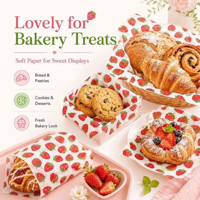 Alt view image 7 of 7 - 150 Sheets Strawberry Wax Paper for Food Deli, 9.8 x 8.3'' Preppy Strawberry Patterns Greaseproof Sandwich Wrapping Paper for Picnic Basket Liner Summer Birthday Party Supplies
