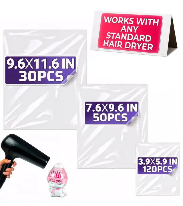 Main image of 200 Pcs Heat Shrink Wrap Bags, 3 Sizes, Clear PVC for Gift Wrapping | Heat Seal Bags; Heavy-Duty; 3.93x5.90 (120) 7.67x9.64 (50) 9.64x11.61 (30) In; for Soap, Candles, Bath Bombs, & DIY Packaging