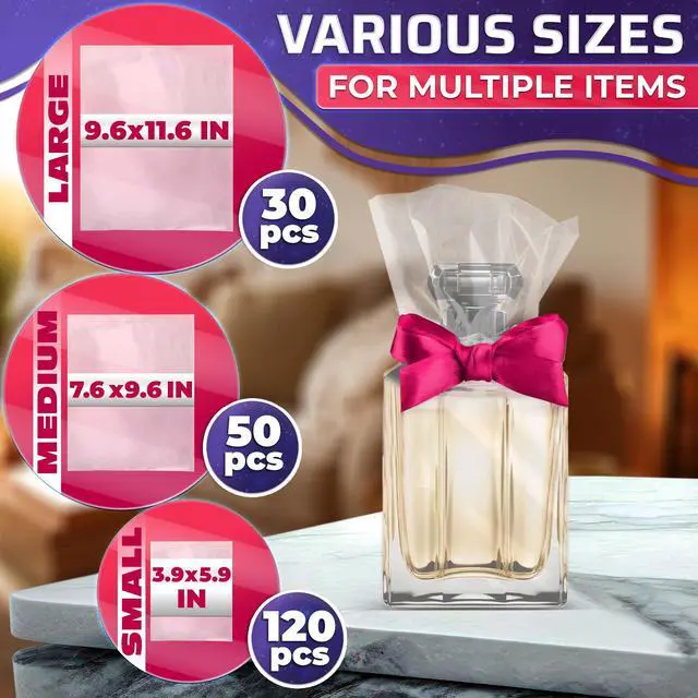 Alt view image 2 of 7 - 200 Pcs Heat Shrink Wrap Bags, 3 Sizes, Clear PVC for Gift Wrapping | Heat Seal Bags; Heavy-Duty; 3.93x5.90 (120) 7.67x9.64 (50) 9.64x11.61 (30) In; for Soap, Candles, Bath Bombs, & DIY Packaging