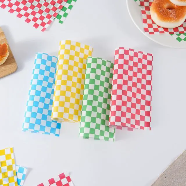 Alt view image 4 of 6 - 200 Pcs Waxed Deli Paper Sheets 7x7 Inch Greaseproof Food Basket Liners for Sandwiches, Burgers Wrapping, Multi-Color Checkered Paper for Kitchen, Food Truck, Party (200pcs)