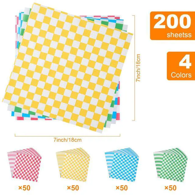 Alt view image 3 of 6 - 200 Pcs Waxed Deli Paper Sheets 7x7 Inch Greaseproof Food Basket Liners for Sandwiches, Burgers Wrapping, Multi-Color Checkered Paper for Kitchen, Food Truck, Party (200pcs)