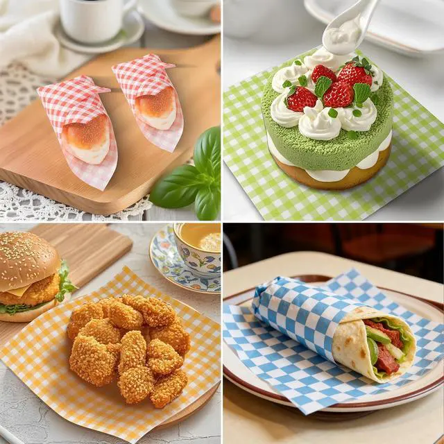 Alt view image 6 of 6 - 200 Pcs Waxed Deli Paper Sheets 7x7 Inch Greaseproof Food Basket Liners for Sandwiches, Burgers Wrapping, Multi-Color Checkered Paper for Kitchen, Food Truck, Party (200pcs)